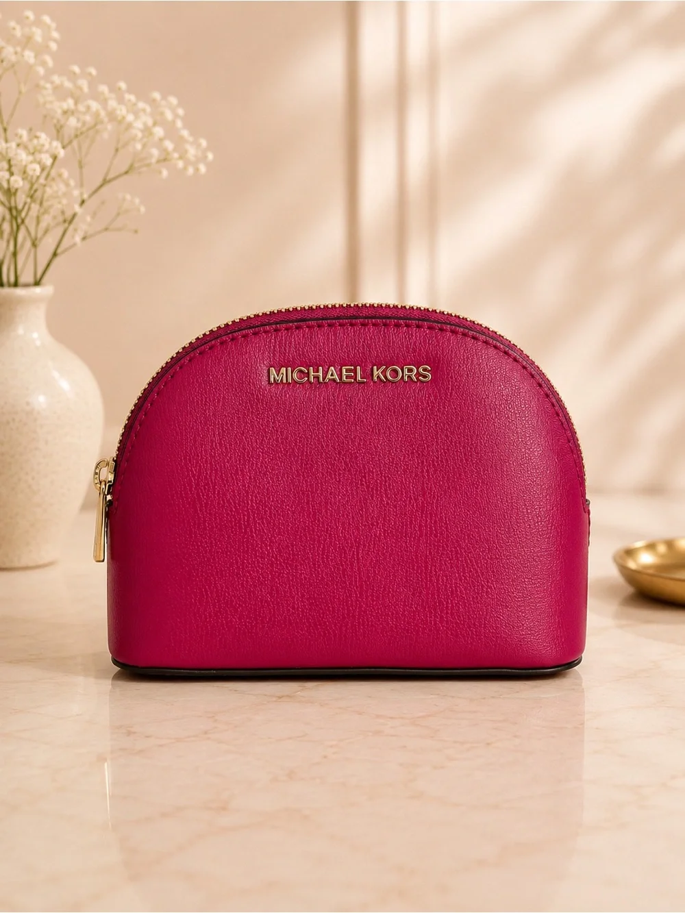 Michael Kors Jet Set Travel Leather Cosmetic Case Makeup Bag Fuchsia Pink Pouch